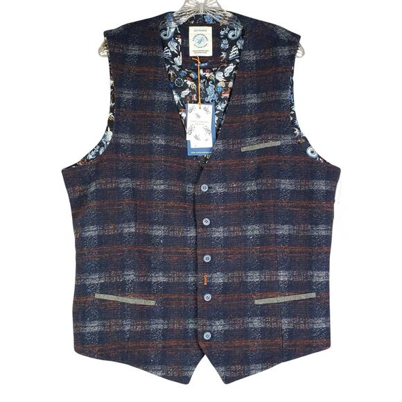 A Fish Named Fred Vest Wool Plaid Waistcoat Blue Grey Check Size 42 Mens New - Picture 2 of 13